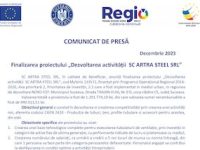 Finalizarea proiectului „Dezvoltarea activității SC ARTRA STEEL SRL”
